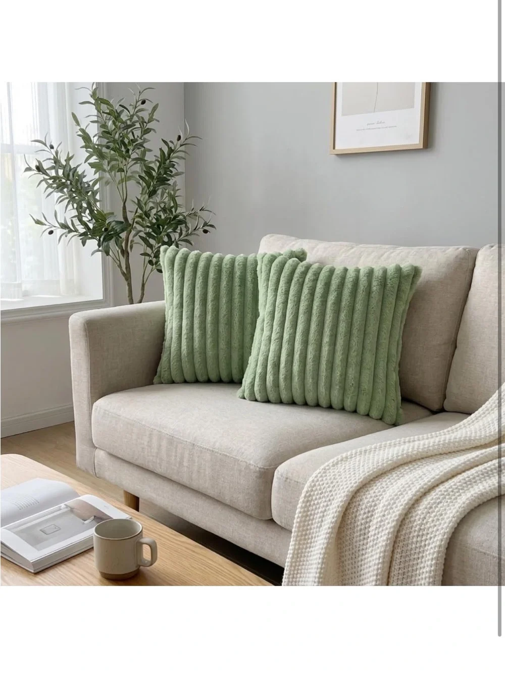 Faux Fur Plush Decorative Soft Plush Double-Sided Striped Light Green 18x18
